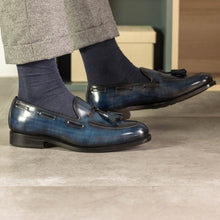Load image into Gallery viewer, Motara Bespoke Men's Shoes Denim Patina Leather Tassels Loafers