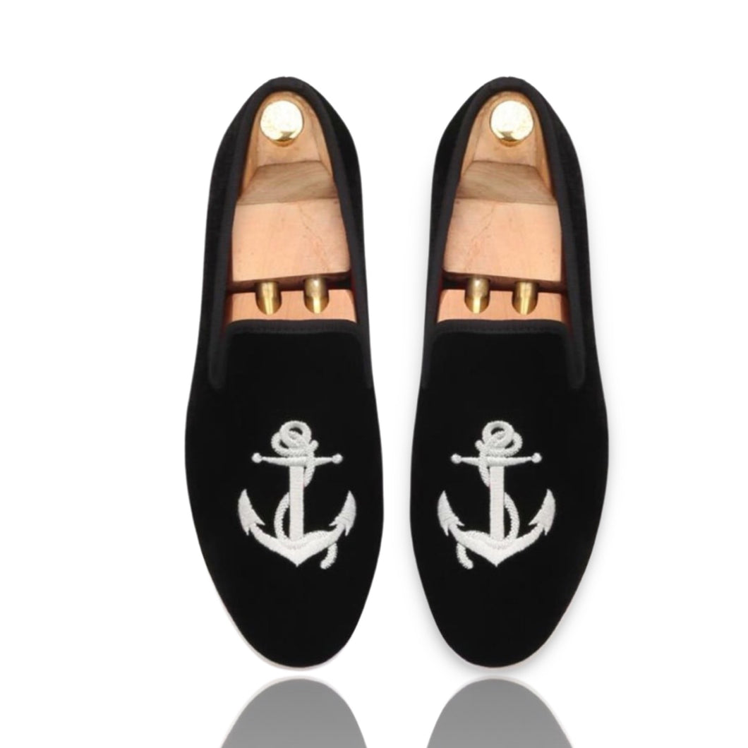 Bespoke Anchor Embroidered Velvet Loafers